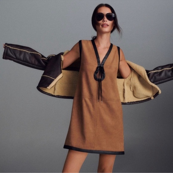 By Anthropologie Faux Suede Shell Mini Dress- Brown with Black Trim- Size Medium - Picture 2 of 11